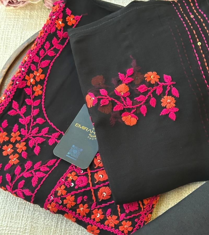 Premium Georgette Embroidered Suit Set - Jet Black