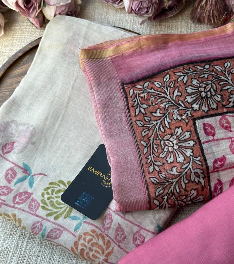 Mul Chanderi Floral Printed Suit - Rose Pink