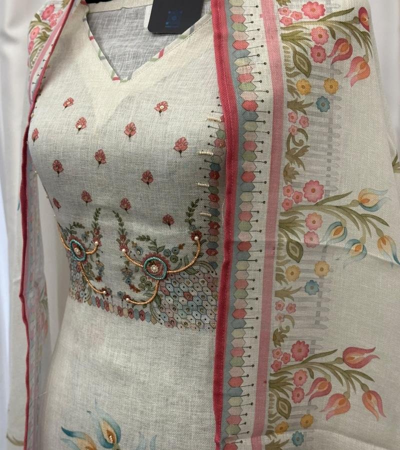 Semi Linen Floral Embroidered Suit - Charcoal Grey