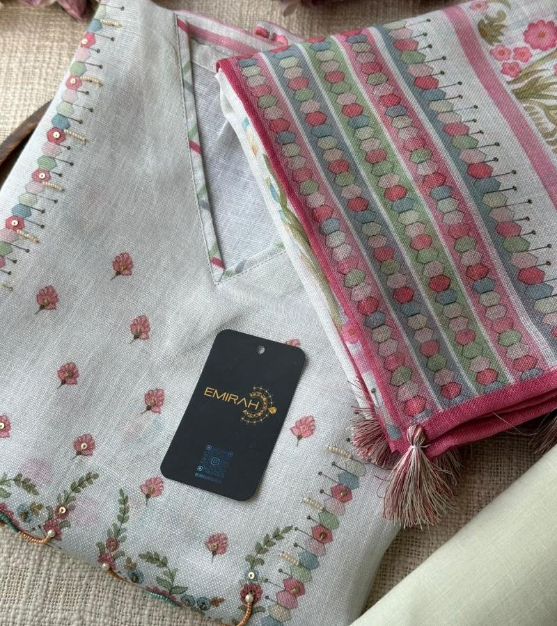 Semi Linen Floral Embroidered Suit - Charcoal Grey