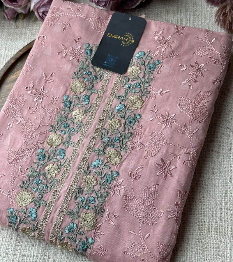 Elegant Floral Embroidered Cotton Suit - Rose Pink