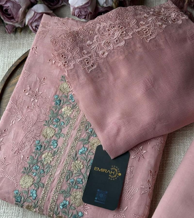 Elegant Floral Embroidered Cotton Suit - Rose Pink