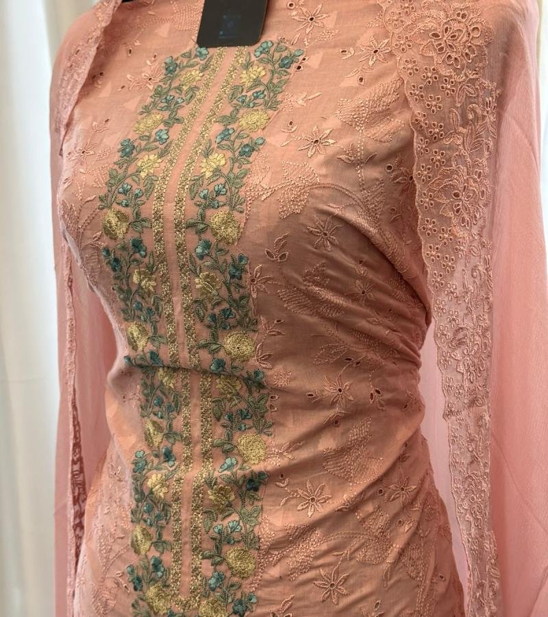 Elegant Floral Embroidered Cotton Suit - Rose Pink