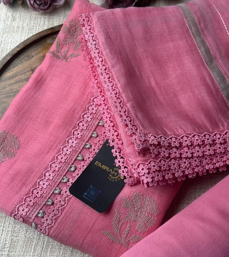 Elegant Floral Embroidered Mul Chanderi Suit - Rose Pink