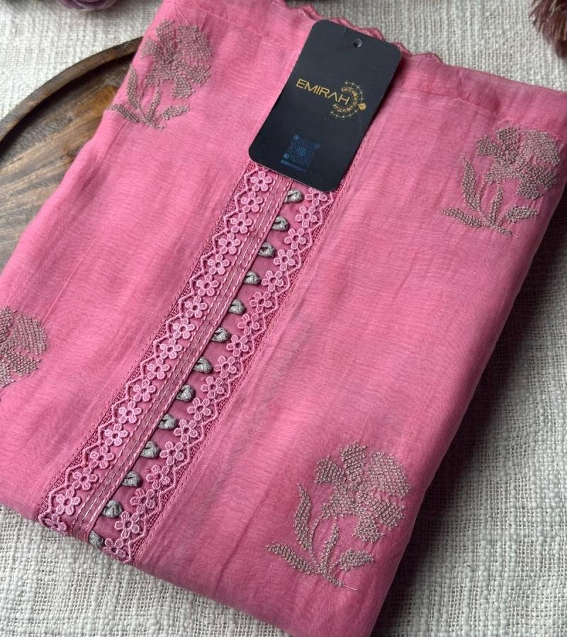 Elegant Floral Embroidered Mul Chanderi Suit - Rose Pink