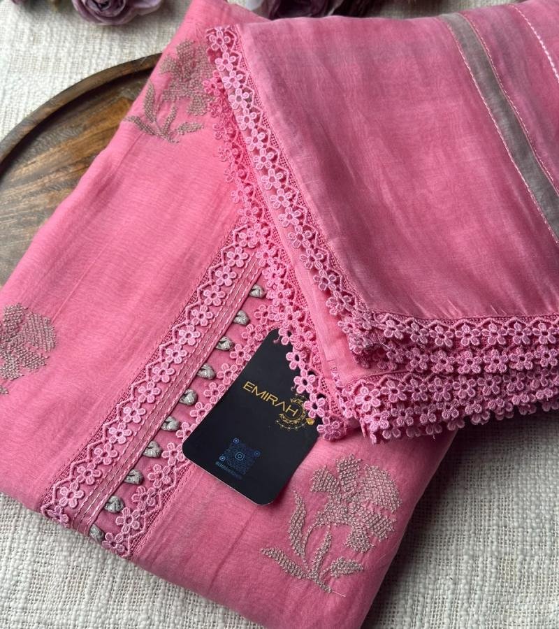 Elegant Floral Embroidered Mul Chanderi Suit - Rose Pink