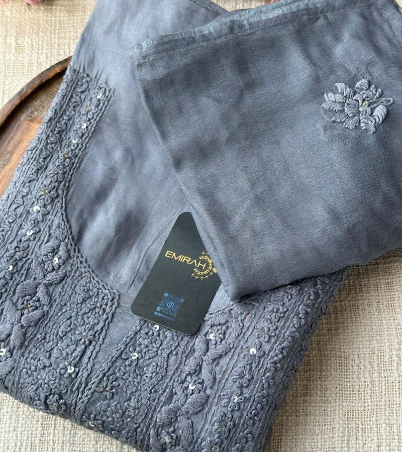 Elegant Embroidered Dola Silk Suit - Charcoal Grey