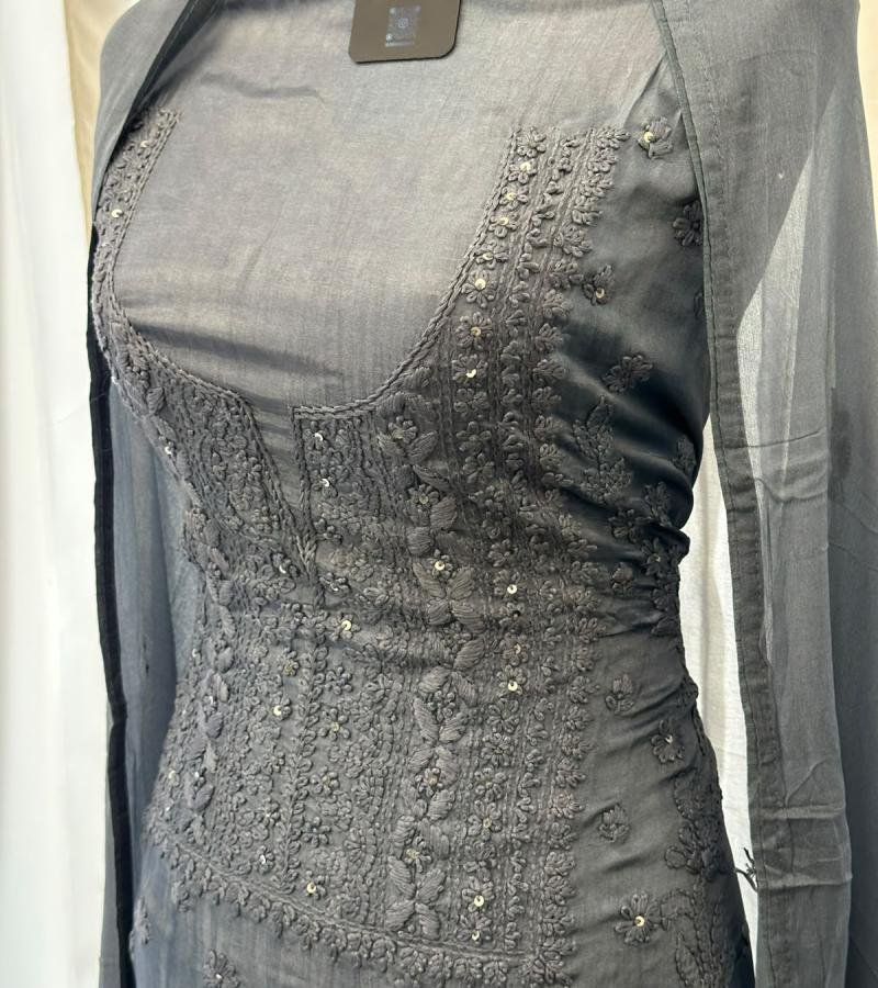 Elegant Embroidered Dola Silk Suit - Charcoal Grey