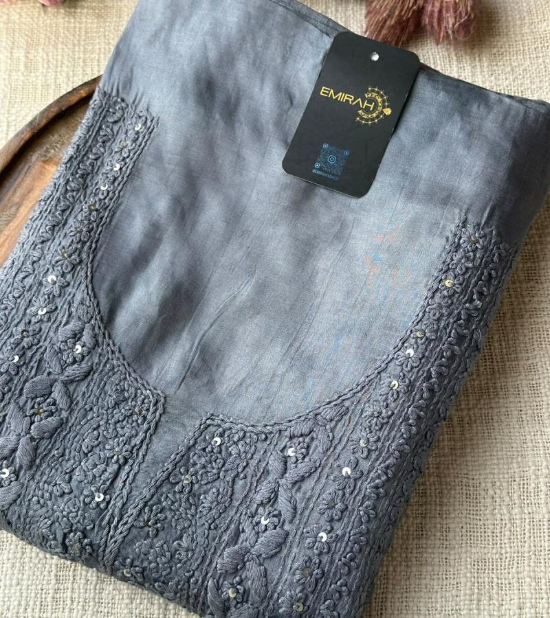 Elegant Embroidered Dola Silk Suit - Charcoal Grey