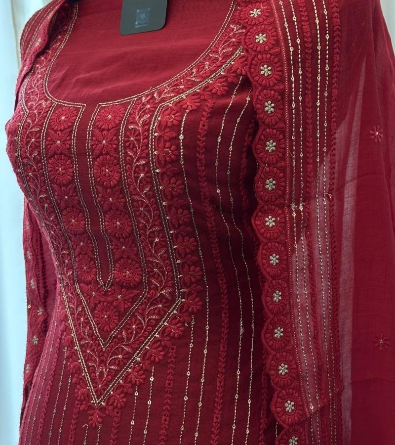 Mul Chanderi – Regal Embroidery - Ruby Red