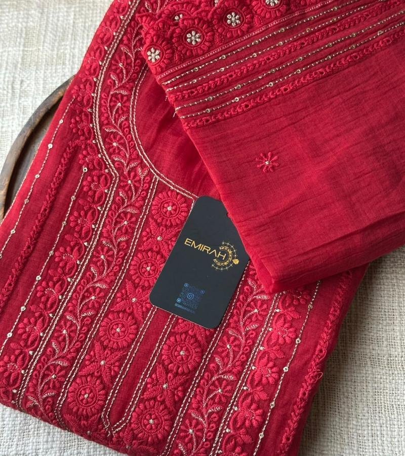 Mul Chanderi – Regal Embroidery - Ruby Red