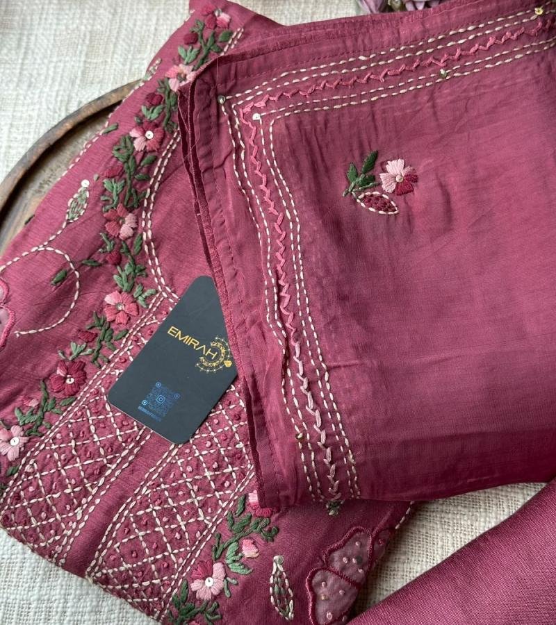 Dola Silk Floral Embroidered Suit  - Rose Pink