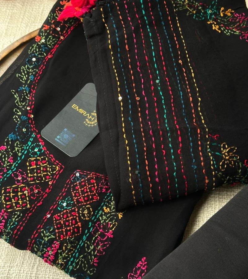 Georgette – Vibrant Embroidered Elegance - Jet Black