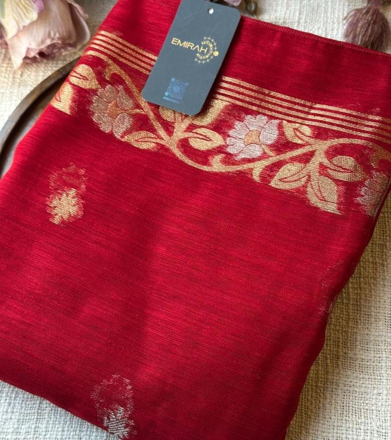 Chanderi with Jamdani Weaving ✨ - Ruby Red