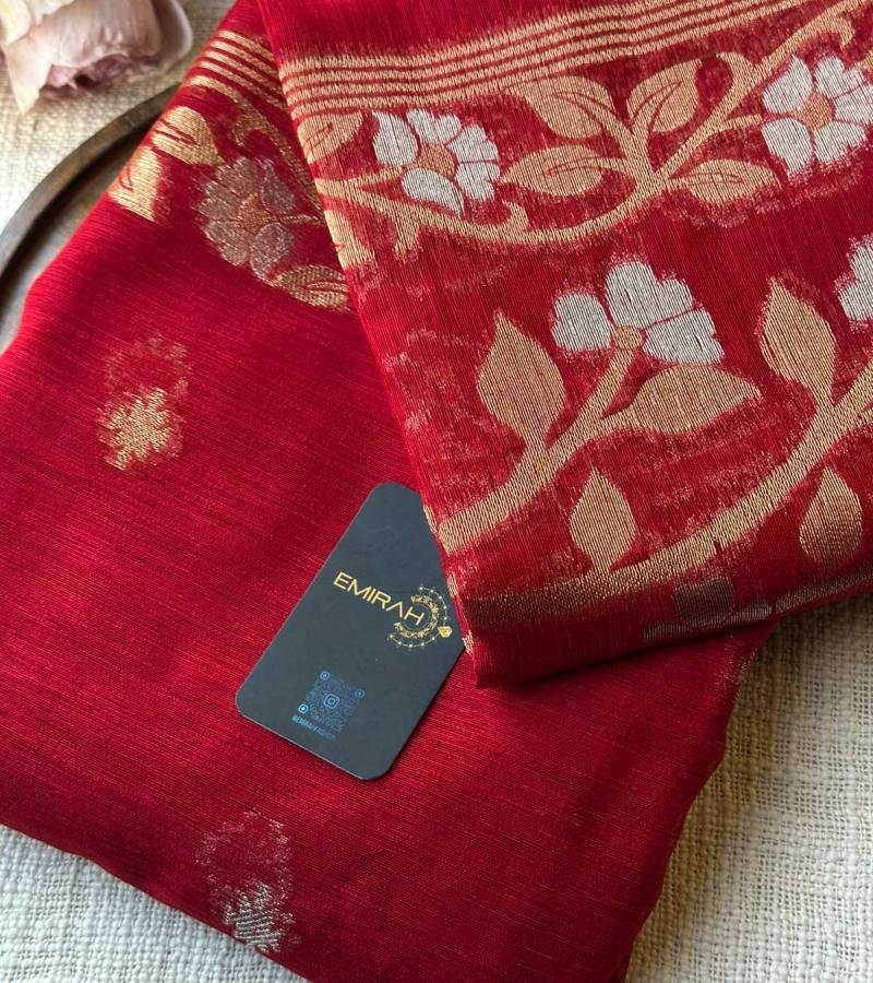 Chanderi with Jamdani Weaving ✨ - Ruby Red