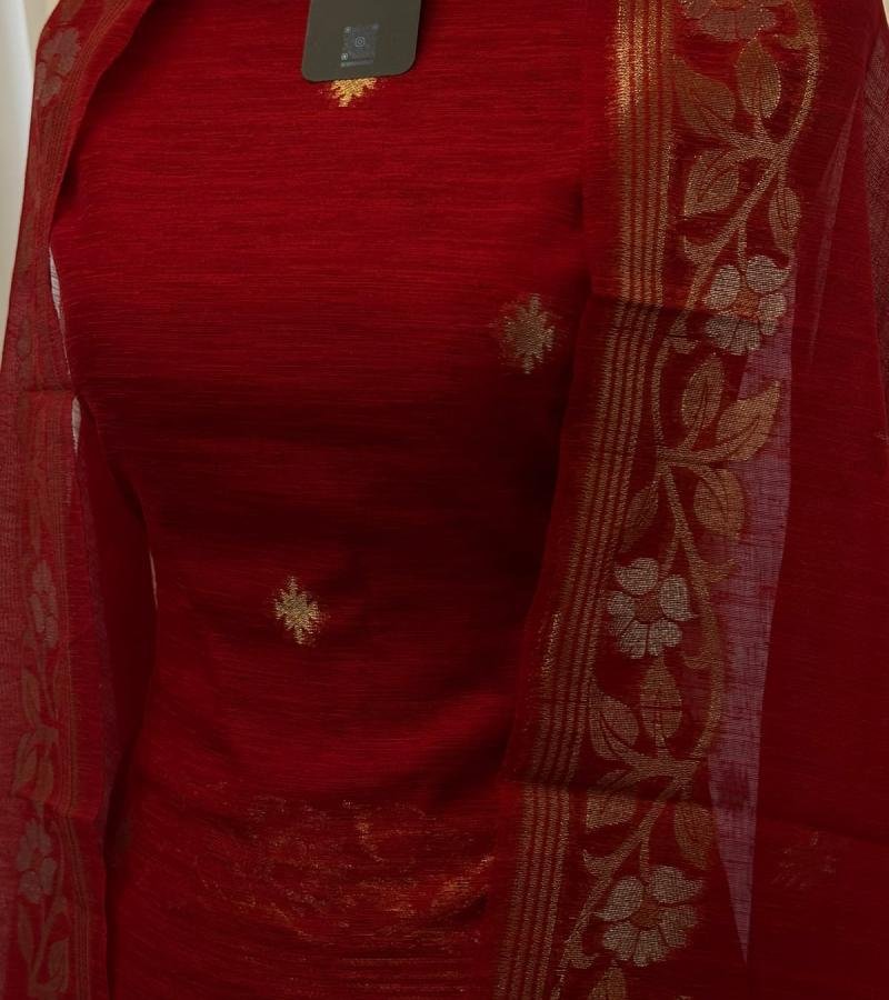Chanderi with Jamdani Weaving ✨ - Ruby Red