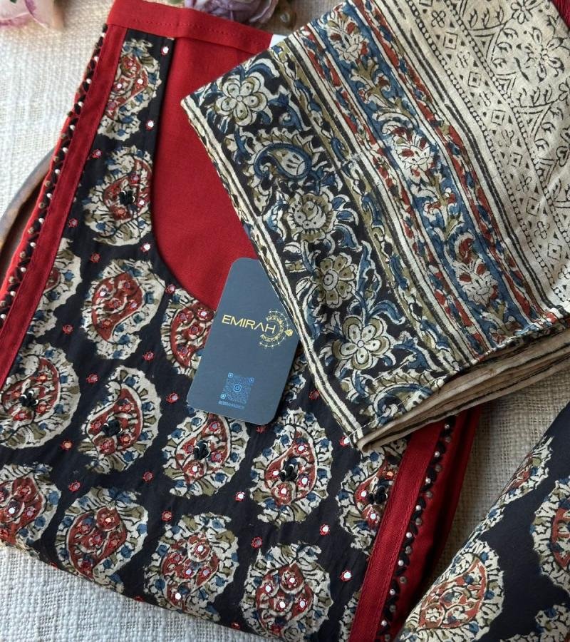 Crimson Kalamkari Cotton Suit  - Mixed Colors