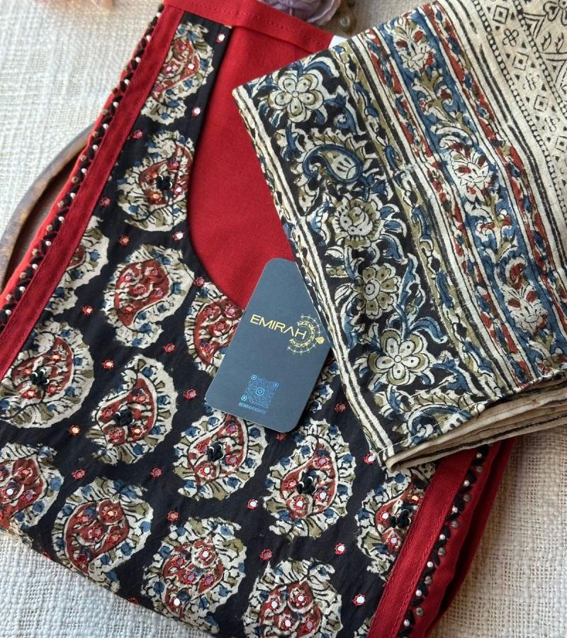 Crimson Kalamkari Cotton Suit  - Mixed Colors