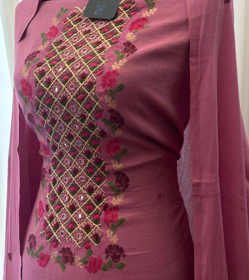 Berry Pink Mul Chanderi Suit - Rose Pink
