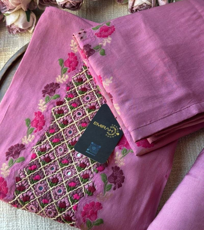 Berry Pink Mul Chanderi Suit - Rose Pink