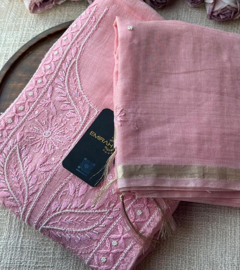  Blush Pink Mul Chanderi Suit Set  - Rose Pink