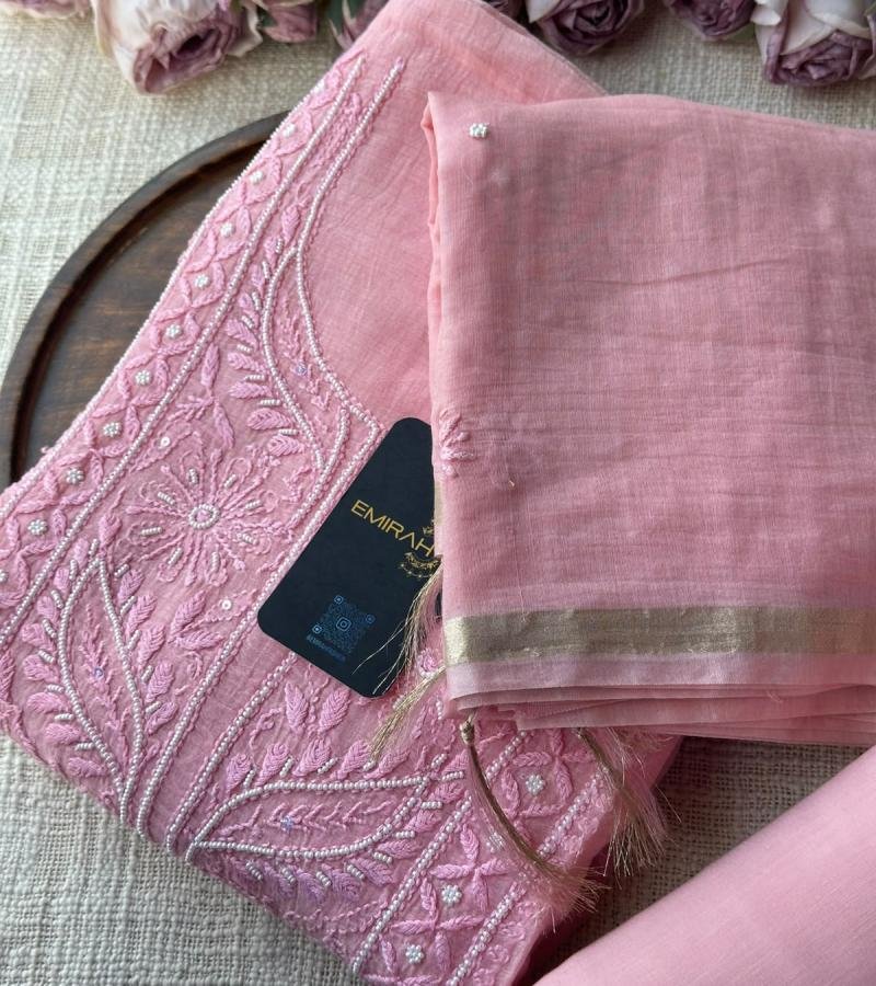  Blush Pink Mul Chanderi Suit Set  - Rose Pink