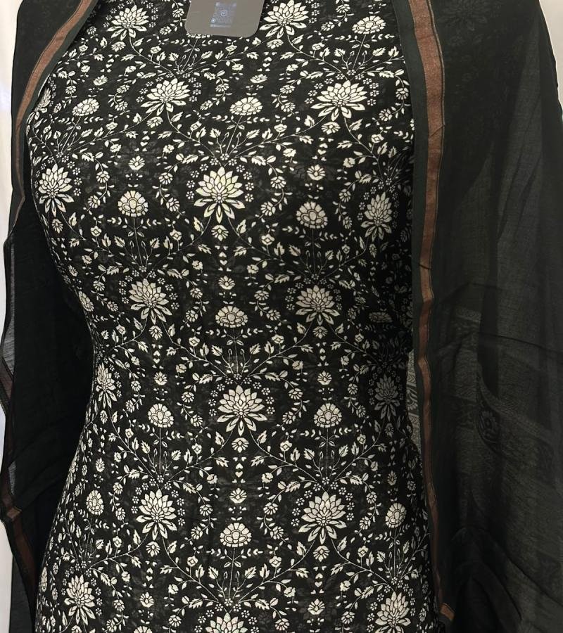 Maheshwari Silk Floral Suit - Jet Black