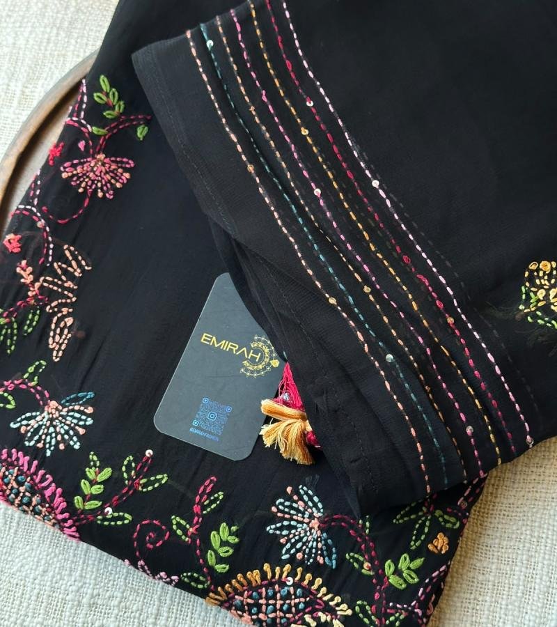 Georgette Embroidered Suit - Jet Black
