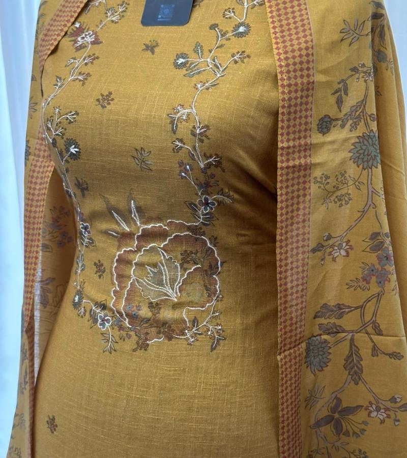 Mustard Floral Embroidered Cotton Suit - Mixed Colors