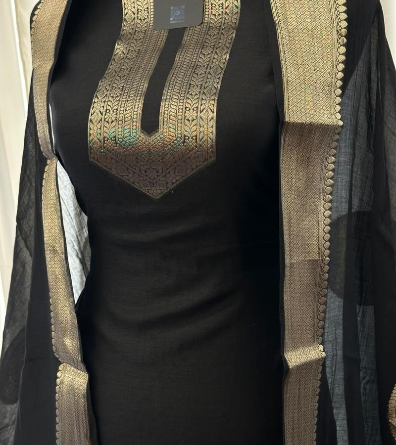 Black Mul Chanderi Zari Border Suit - Jet Black