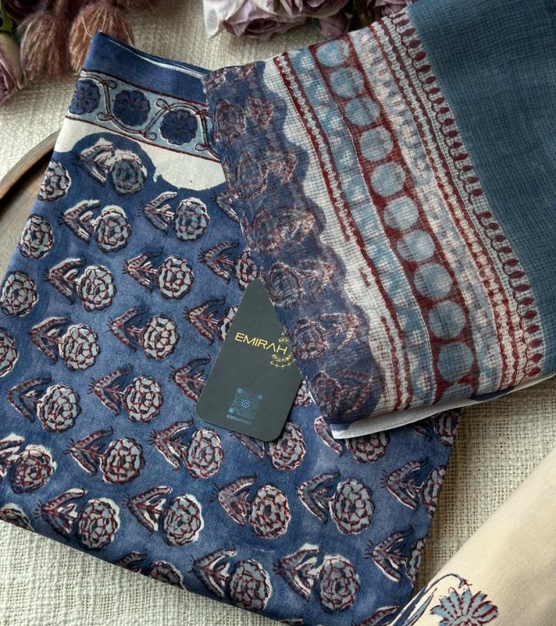 Blue Floral Printed Chanderi Silk Suit - Mixed Colors