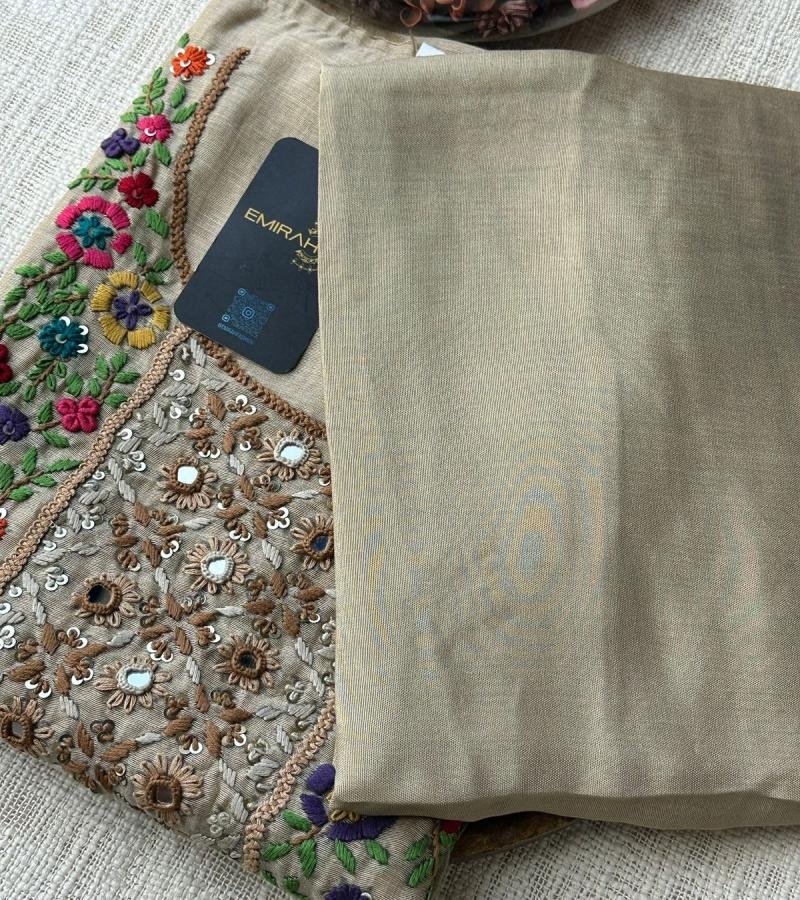  Exquisite Beige Chanderi Jamdani Suit with Mirror Work - Mixed Colors