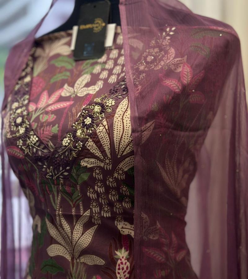 Regal Plum Printed Cotton Suit with Embroidered Neckline - Mixed Colors