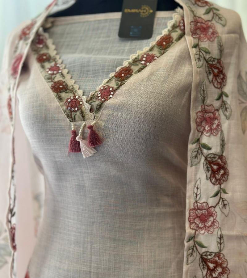  Chic Semi-Linen Suit with Floral Embroidery & Santoon Bottom - Mixed Colors