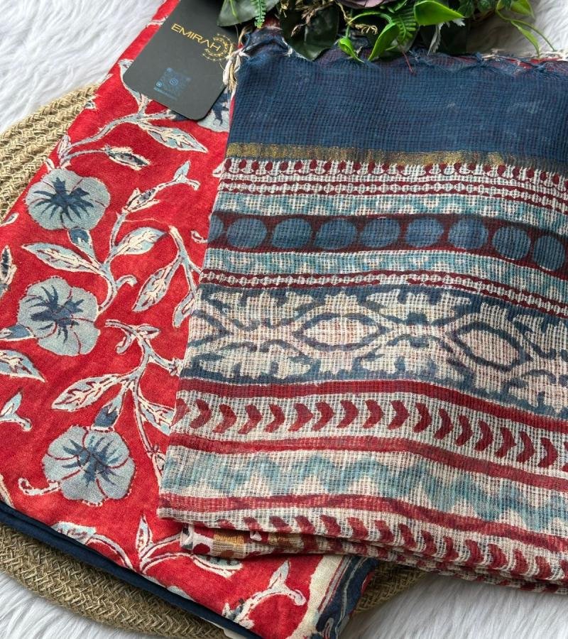 Vibrant Red Chanderi Silk Suit with Floral Block Print - Mixed Colors
