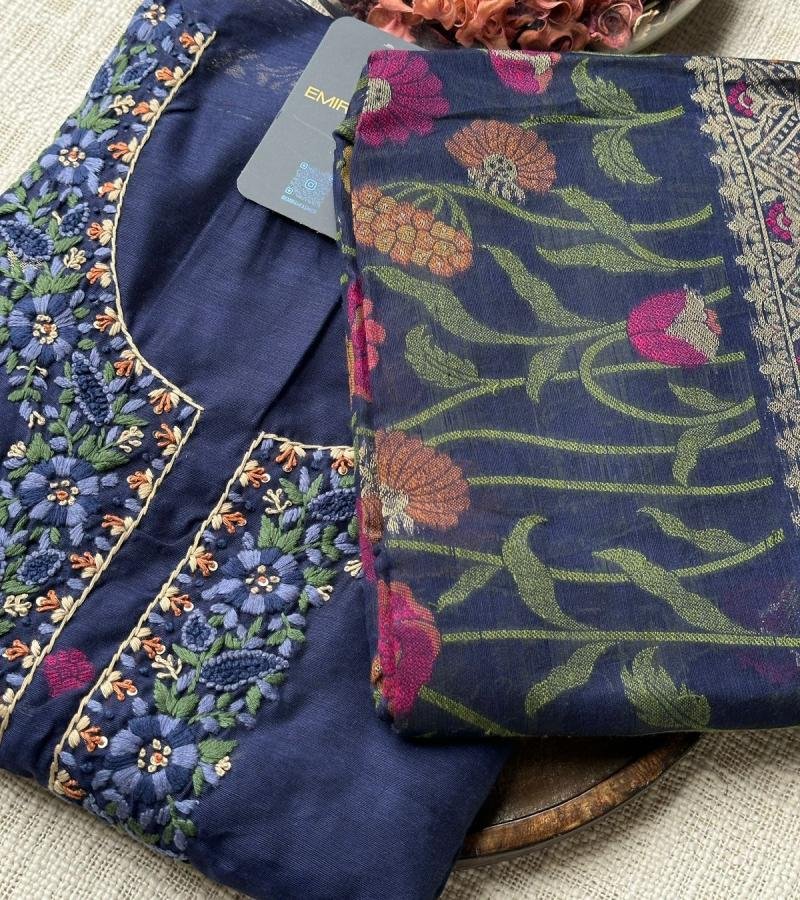 Elegant Navy Chanderi Jamdani Suit with Floral Embroidery - Mixed Colors