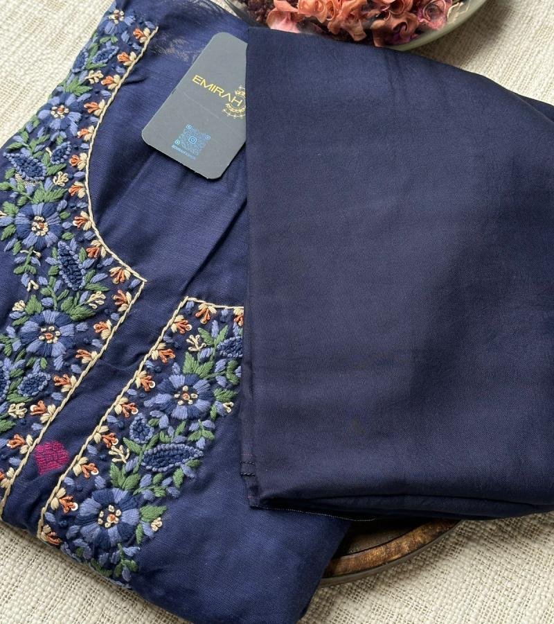 Elegant Navy Chanderi Jamdani Suit with Floral Embroidery - Mixed Colors