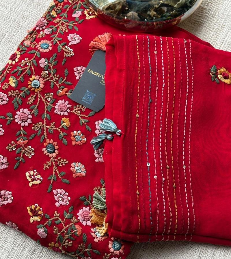 Exquisite Maroon Chiffon Suit with Intricate Floral Embroidery - Mixed Colors