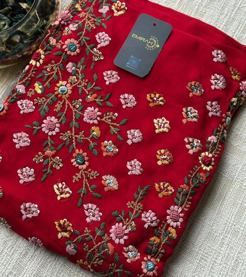 Exquisite Maroon Chiffon Suit with Intricate Floral Embroidery - Mixed Colors