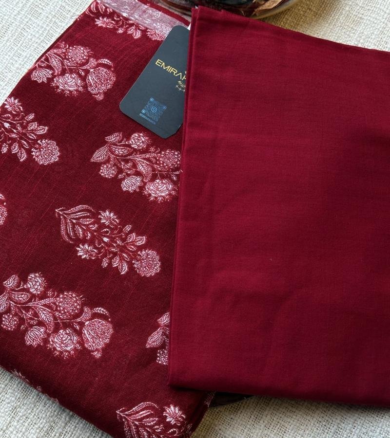 Chic Maroon Cotton Linen Suit with Printed Top - Mixed Colors
