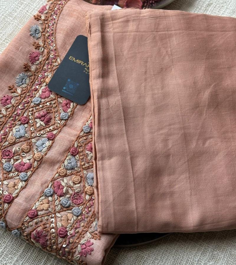  Embroidered Peach Semi-Linen Suit with Cotton Bottom - Mixed Colors