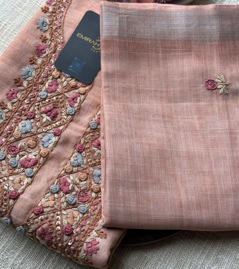  Embroidered Peach Semi-Linen Suit with Cotton Bottom - Mixed Colors