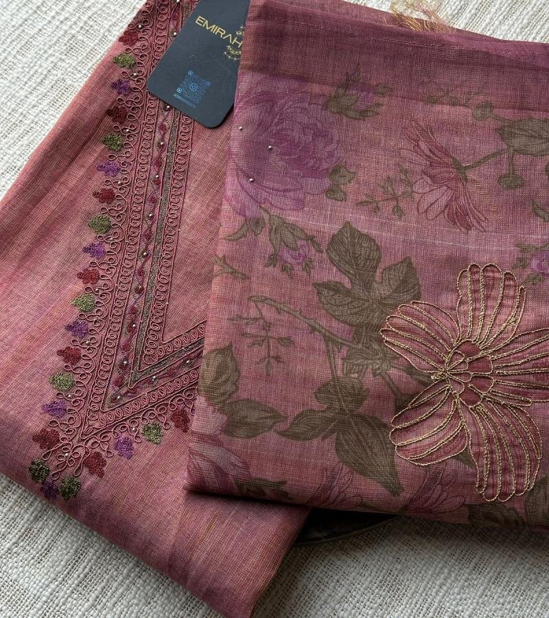 Ornate Rose Pink Tissue Linen Suit with Santoon Bottom - Mixed Colors