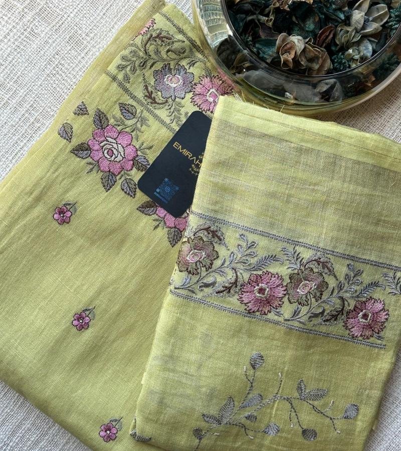 Elegant Linen Suit with Floral Embroidery and Silk Bottom - Mixed Colors