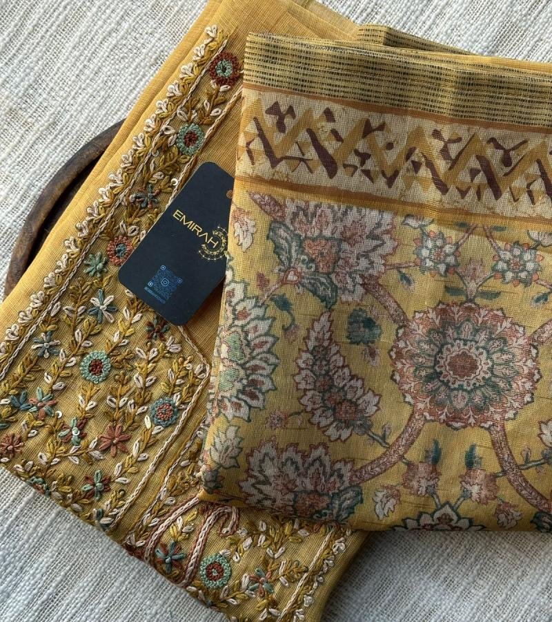 Richly Embroidered Tissue Linen Suit with Printed Dupatta - Mixed Colors