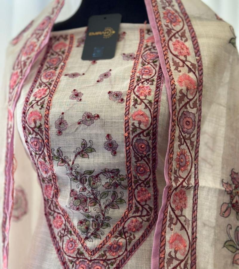 Delicate Floral Semi-Linen Suit with Santoon Bottom - Jet Black