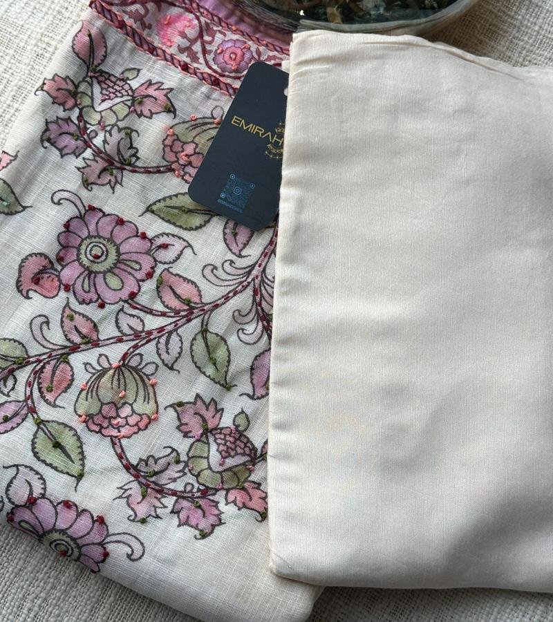 Delicate Floral Semi-Linen Suit with Santoon Bottom - Jet Black