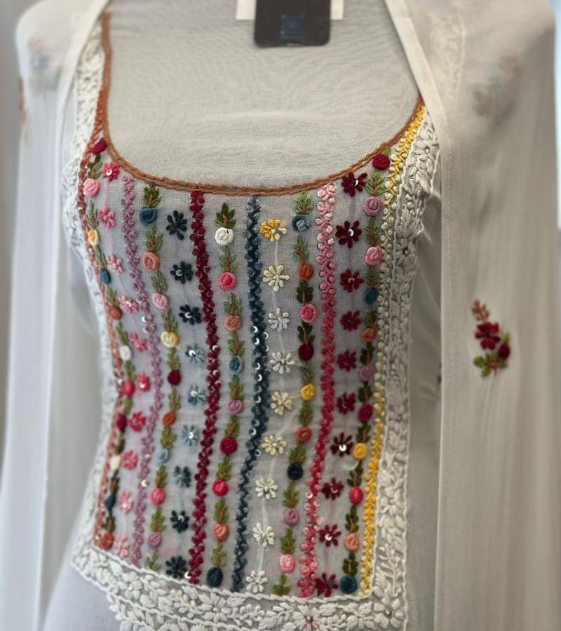 White Embroidered Chiffon Suit - Royal Blue