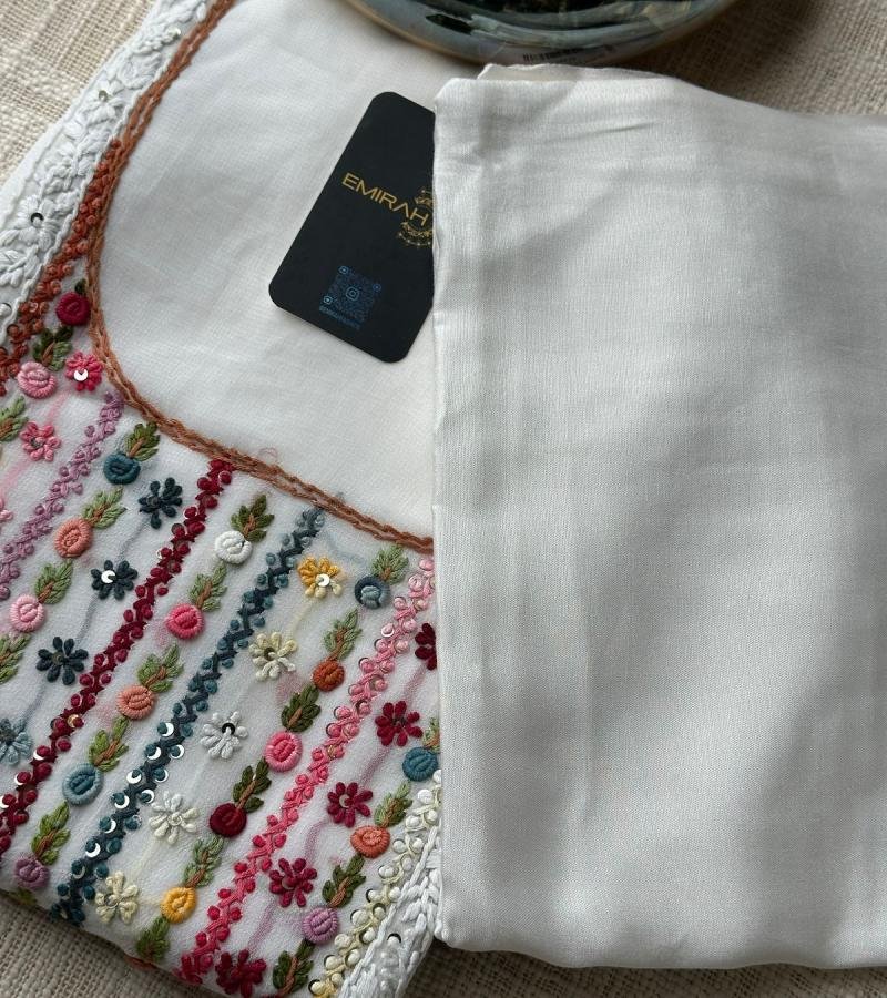 White Embroidered Chiffon Suit - Royal Blue