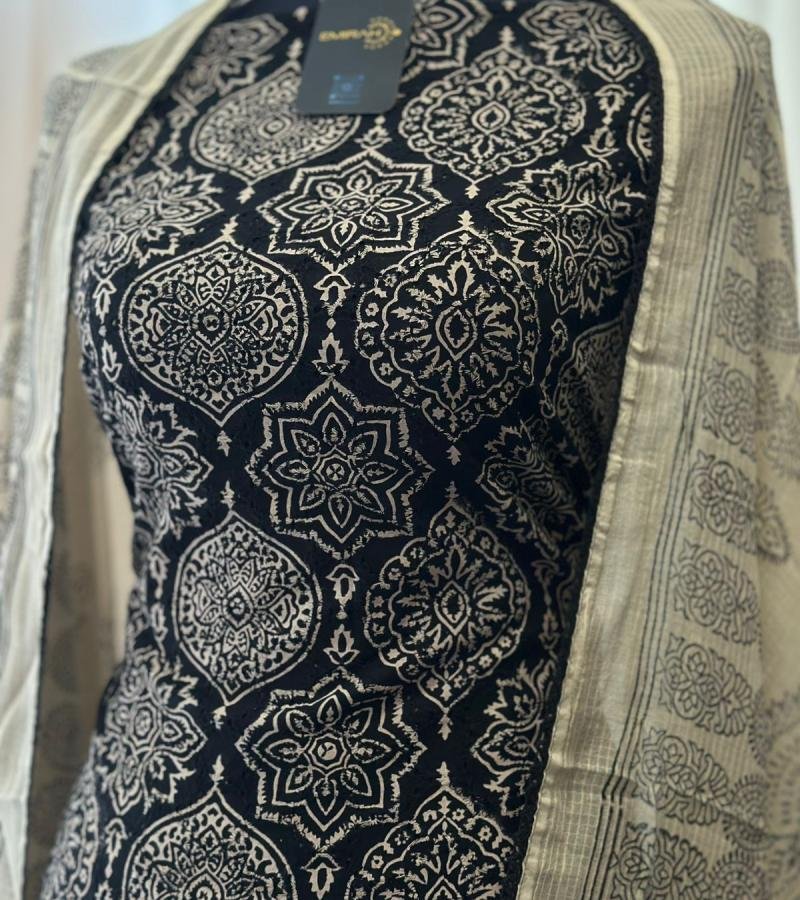 Hakoba Cotton Suit with Block Print - Royal Blue